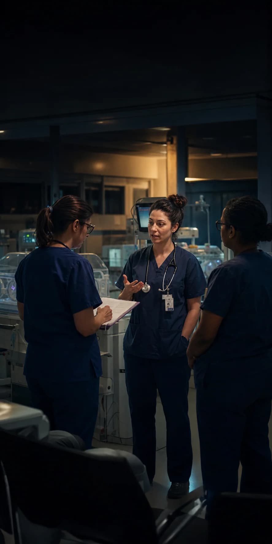 A multidisciplinary NICU team sharing a calm night-shift handover.