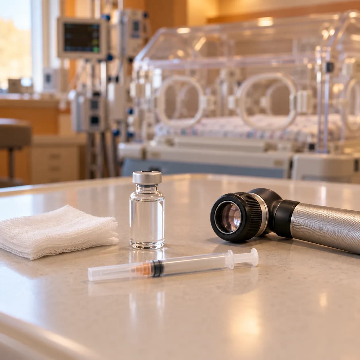 Photorealistic editorial image of an unlabelled medication vial, capped neonatal syringe, sterile gauze, and generic dermatoscope on an empty NICU work surface, with no patient shown.
