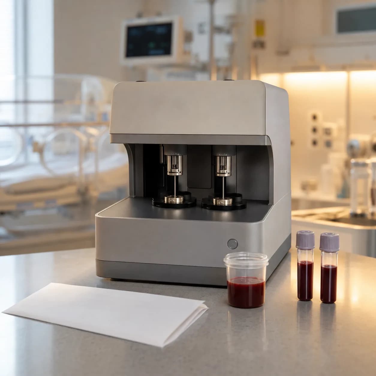 Photorealistic editorial image of a generic unbranded viscoelastic coagulation analyzer with blood microtubes and a research sheet on a NICU-adjacent laboratory bench; no patient is depicted.