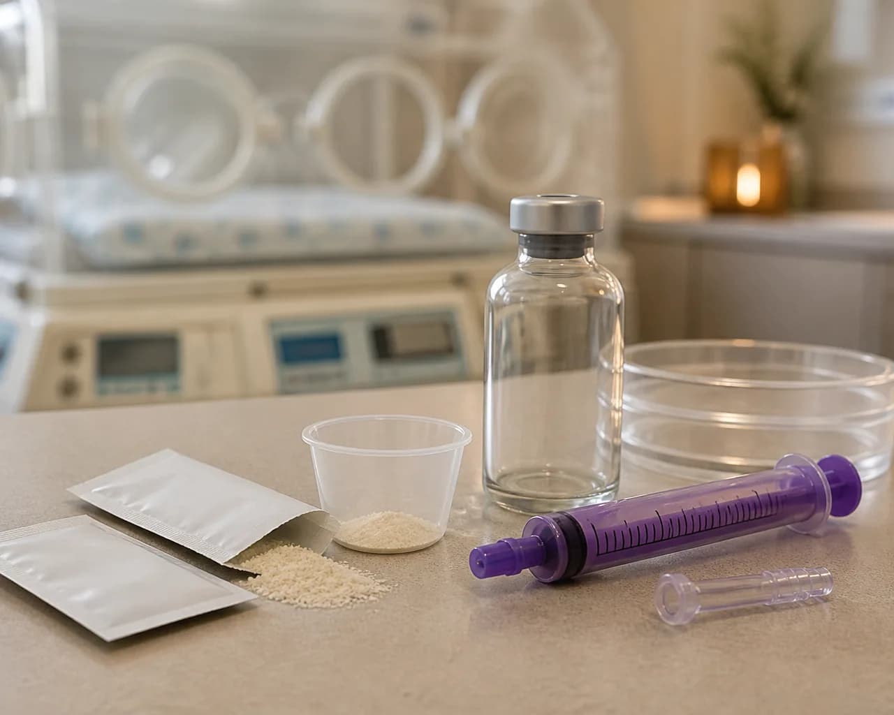 Photorealistic editorial image of unbranded probiotic powder sachets, an enteral syringe, and blank culture vessels arranged as a NICU clinical still life; no infant or person is shown.