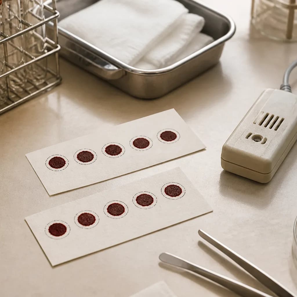 Photorealistic editorial image of unbranded newborn-screening dried blood spot cards beside a laboratory thermometer-hygrometer on a clean screening bench, with no patient shown.