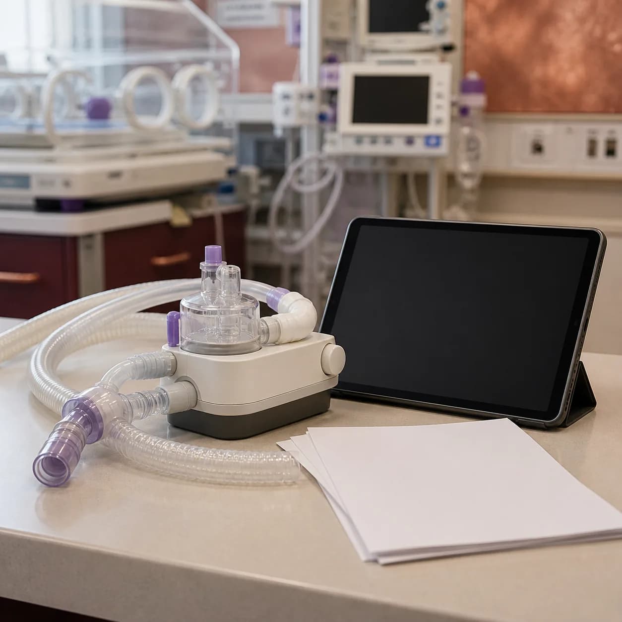 Photorealistic editorial image of an unbranded neonatal respiratory circuit beside a blank clinical tablet and research papers on a NICU work surface.