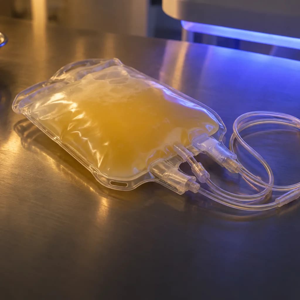Photorealistic editorial image of an unbranded platelet-component bag and clear transfusion tubing on a clinical preparation surface under warm light with a soft phototherapy glow.