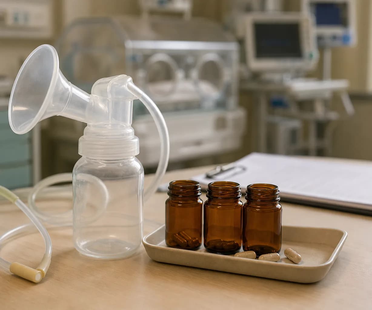 Photorealistic editorial image of an unbranded breast-pump collection set beside three amber supplement containers and a blank research clipboard in a NICU-adjacent workspace.