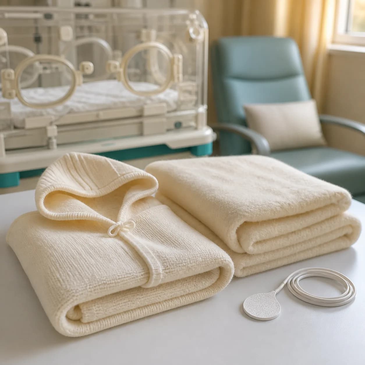Photorealistic editorial image of a neonatal thermal-care still life with an unbranded incubator, insulated wool nesting layers, a generic skin-temperature sensor, and an empty bedside recliner.