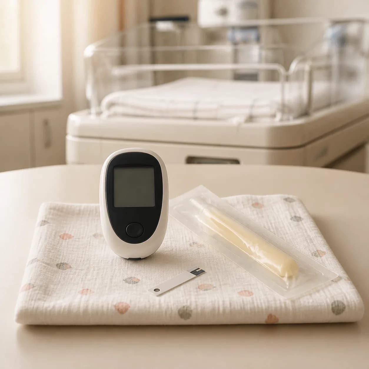 Photorealistic editorial image of an unbranded glucose screening meter, unused test strip, and sealed dextrose gel applicator in an empty neonatal nursery.