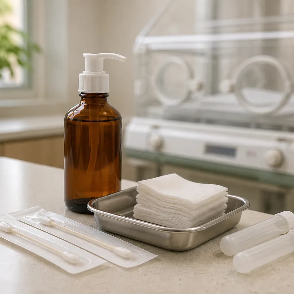 Photorealistic editorial image of an unbranded antiseptic bottle, sterile gauze, swabs, and blank specimen tubes on a neonatal unit preparation counter.