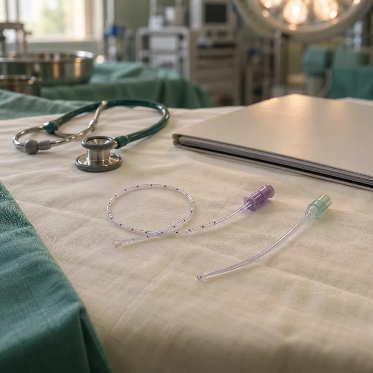 Photorealistic editorial image of an unbranded neonatal feeding tube looped on an ivory sterile drape beside a slim suction catheter, stethoscope, and blank research folder in a softly lit operating suite.