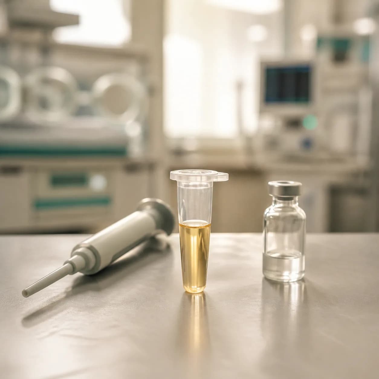 Photorealistic editorial image of an unbranded neonatal laboratory microtube beside a micropipette and medication vial on a softly lit NICU workbench.
