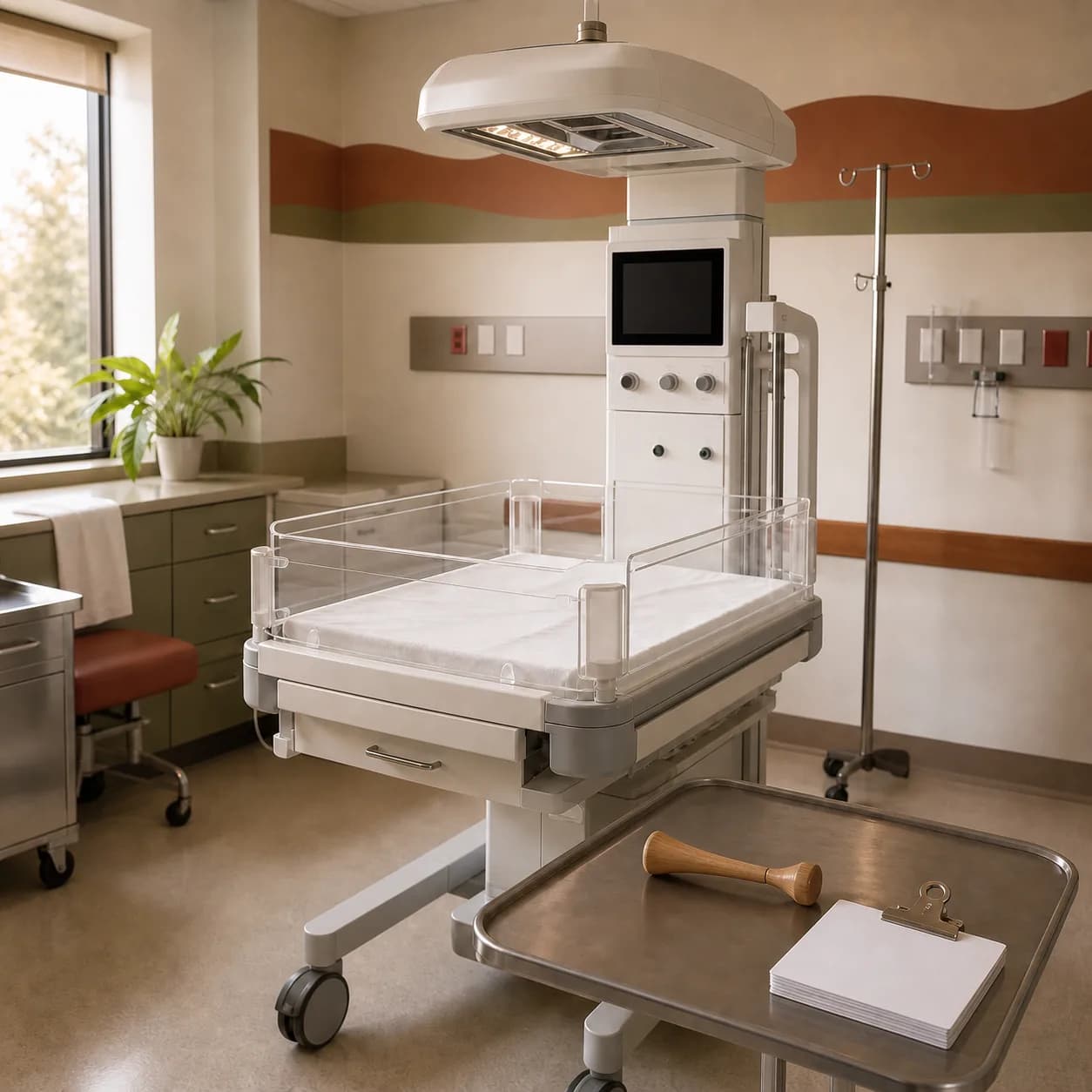 Photorealistic editorial image of an unbranded neonatal resuscitation warmer in an empty maternity delivery room, with a handheld fetal stethoscope and blank quality-improvement cards, no people, logos, labels, or visible text.