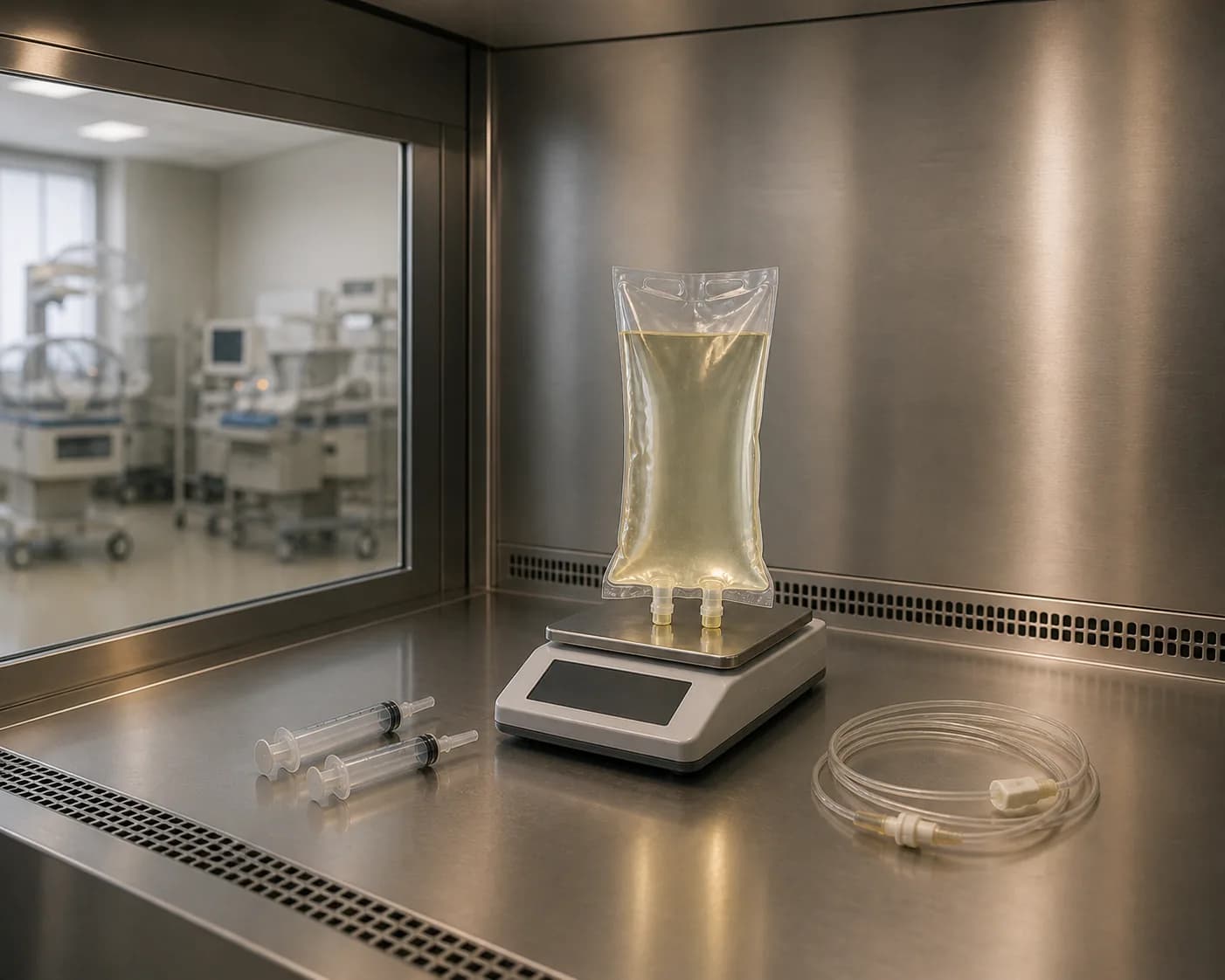 Photorealistic editorial image of an unprinted neonatal parenteral nutrition bag standing on a dark-display precision balance in a stainless-steel pharmacy compounding hood, with generic syringes and tubing nearby; no people are shown.