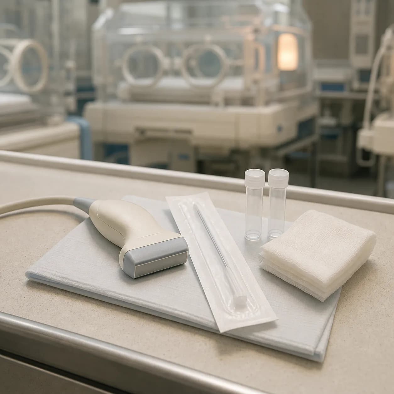 Photorealistic editorial image of an unbranded linear ultrasound probe beside a sterile lumbar puncture kit and clear specimen tubes on a NICU procedure counter.