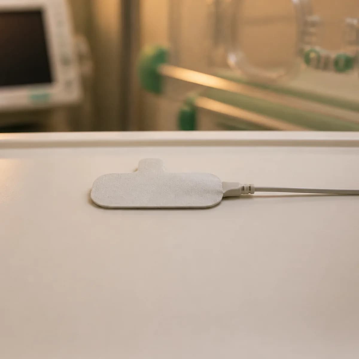 Photorealistic editorial image of a generic unbranded cerebral oximetry forehead sensor and cable on a NICU equipment tray, with an incubator and blank monitor softly out of focus.