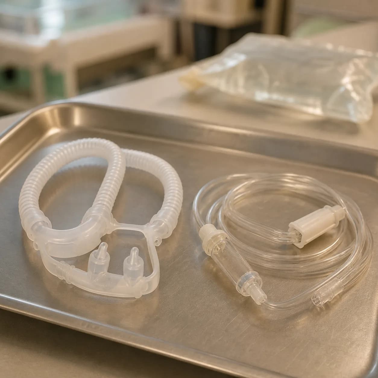 Photorealistic editorial image of unbranded neonatal binasal non-invasive ventilation prongs beside a clear IV infusion line and drip chamber on a clean NICU preparation tray; no infant or person is shown.