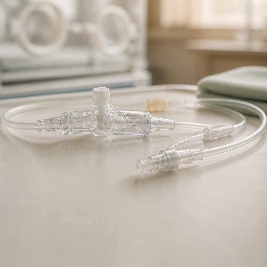 Photorealistic editorial image of an unbranded transparent central-line connector and IV tubing on a warm sterile NICU tray, with an empty incubator softly blurred behind; no patient is shown.