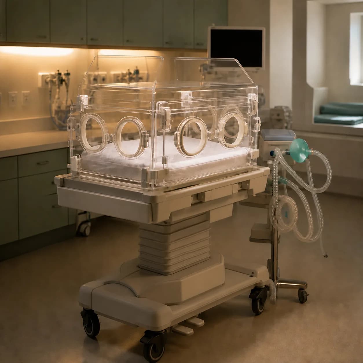 Photorealistic editorial image of an unoccupied neonatal resuscitation bay with a transparent incubator, compact breathing circuit, and warm neutral lighting; no people, labels, logos, or readable text.