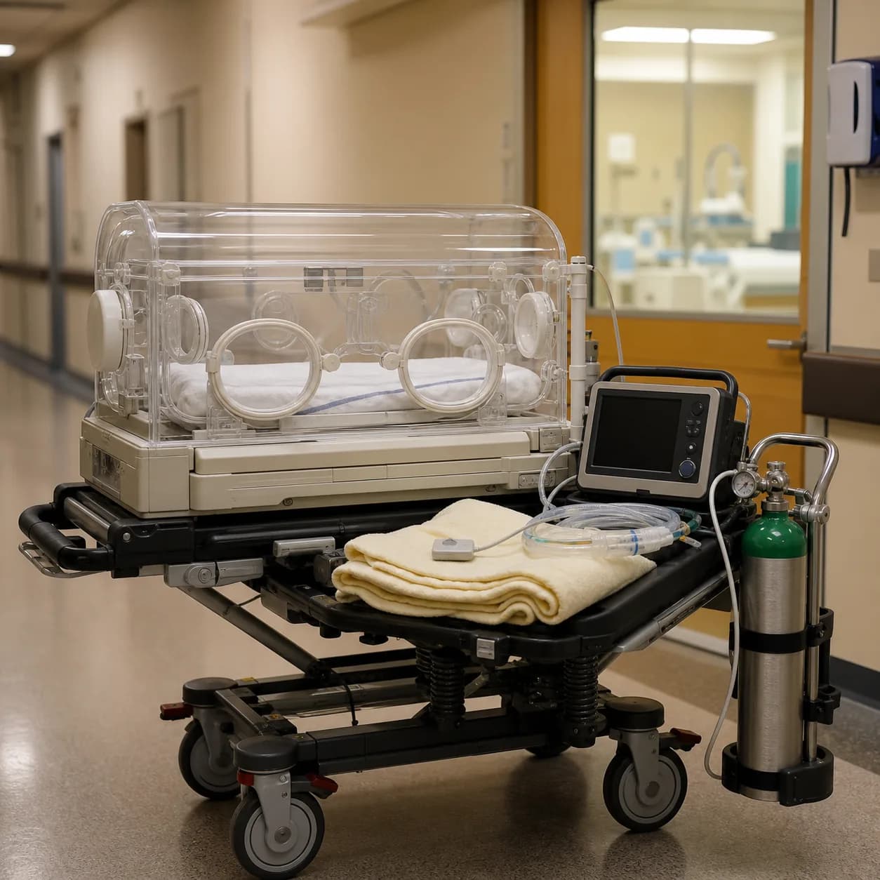 Photorealistic editorial image of an empty unbranded neonatal transport incubator on a hospital trolley with a blank portable monitor, oxygen cylinder, respiratory tubing, thermal blanket, and temperature probe.