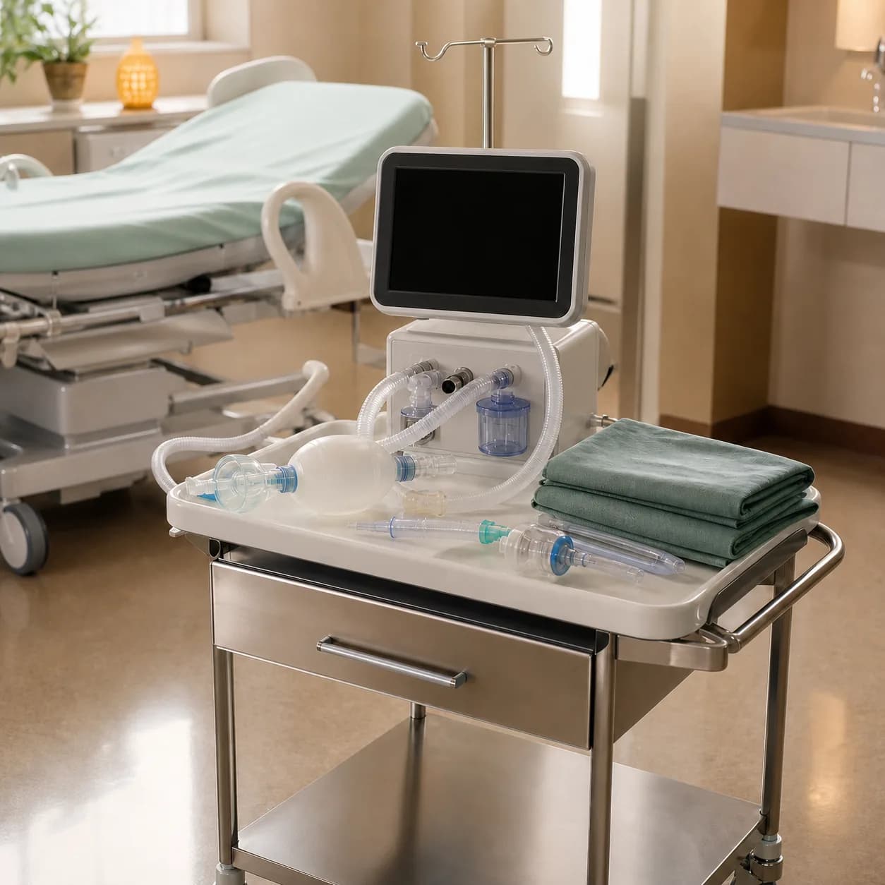 Photorealistic editorial image of an unbranded neonatal resuscitation trolley positioned beside an obstetric delivery bed, with generic respiratory tubing and blank monitors; no infant or person is shown.