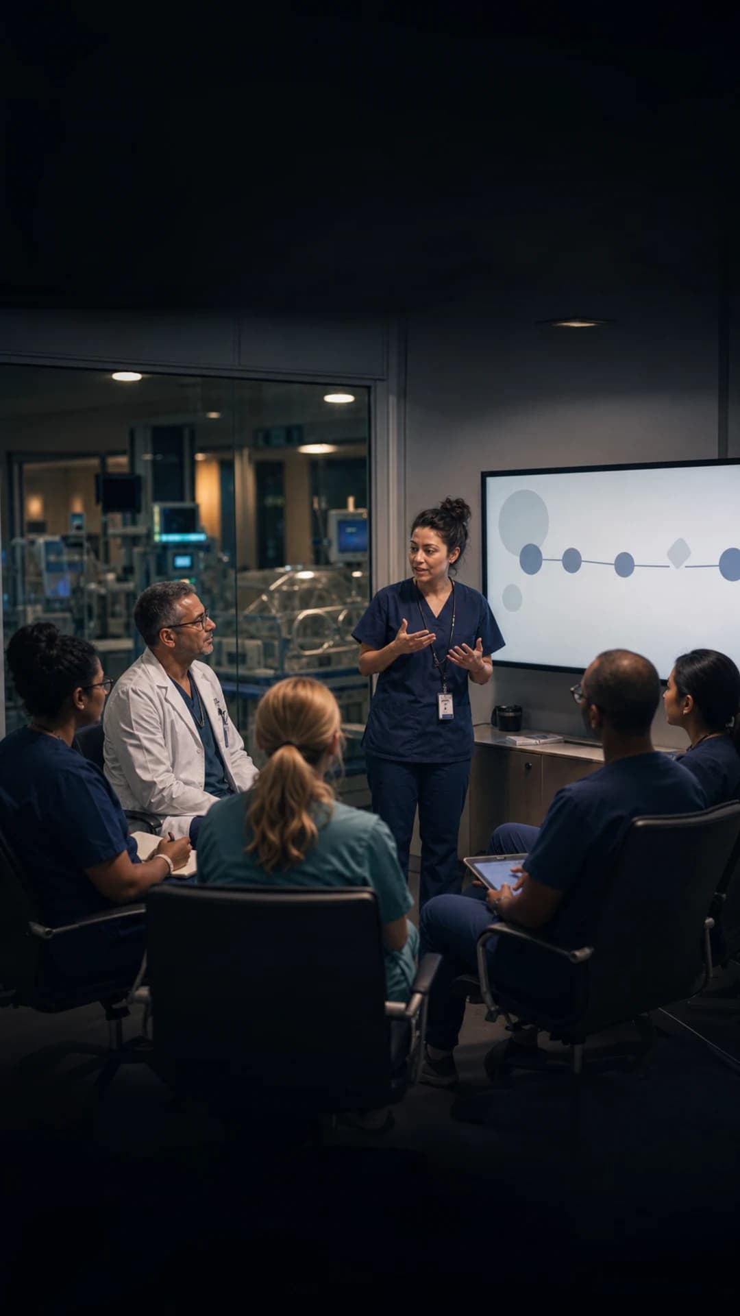 Neonatal professionals taking part in a fictional evening learning roundtable.