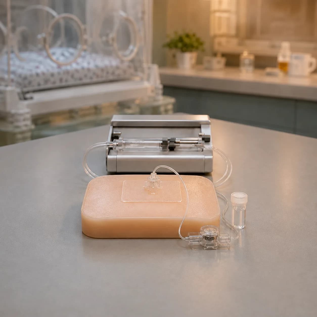 Photorealistic editorial image of an unbranded experimental skin-sampling patch on a silicone training pad, linked by clear tubing to a compact syringe pump and microfluidic chamber in an empty NICU bay.