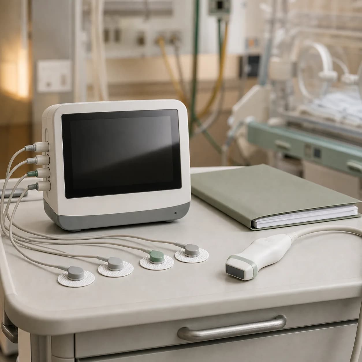 Photorealistic editorial image of an unbranded electrical cardiometry monitor with four neonatal impedance sensors and a generic echocardiography probe arranged on a clean NICU equipment cart; no infant or readable label is shown.
