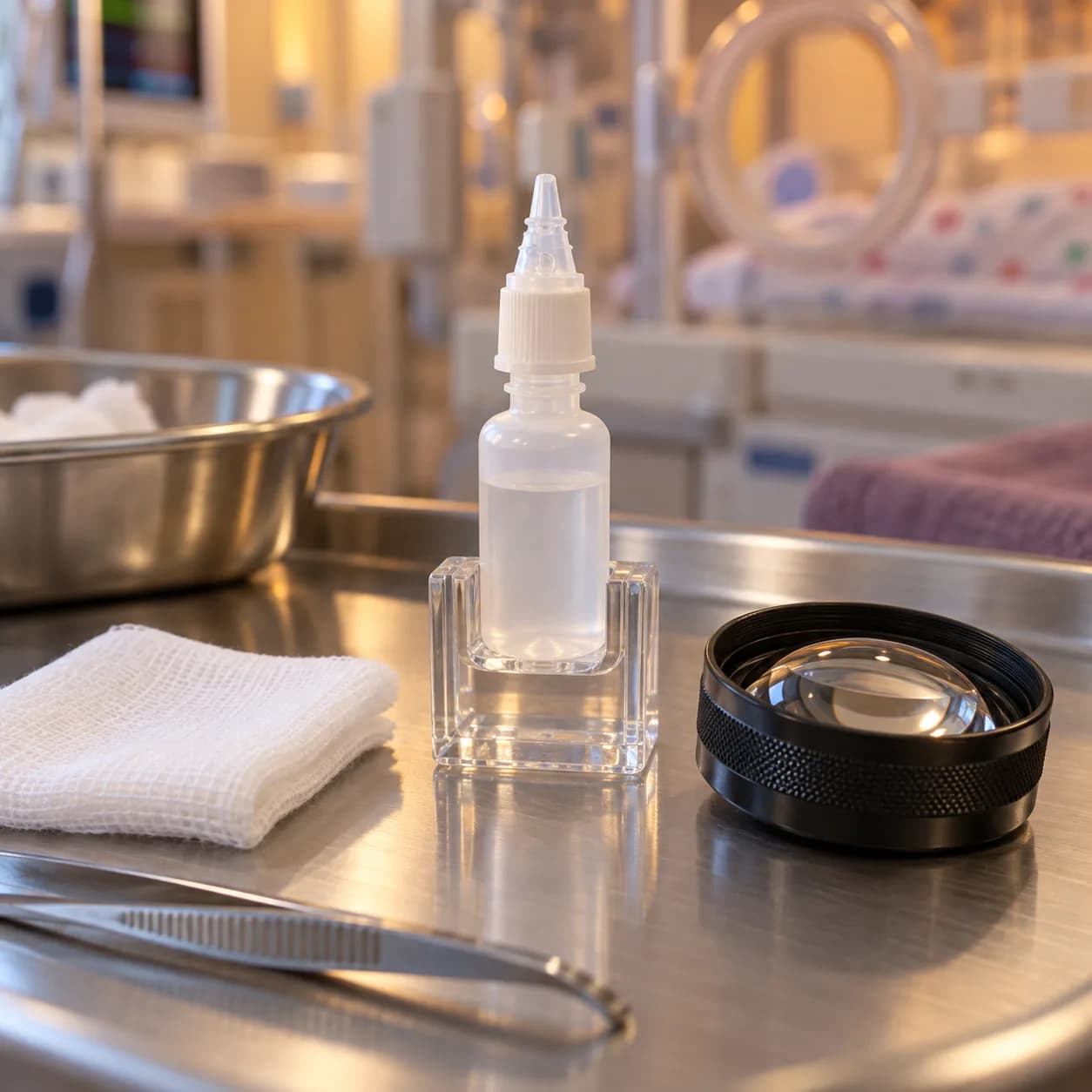 Photorealistic editorial image of an unbranded ophthalmic dropper bottle fitted with a small-volume adapter above a sterile NICU eye-examination tray, with no patient shown.