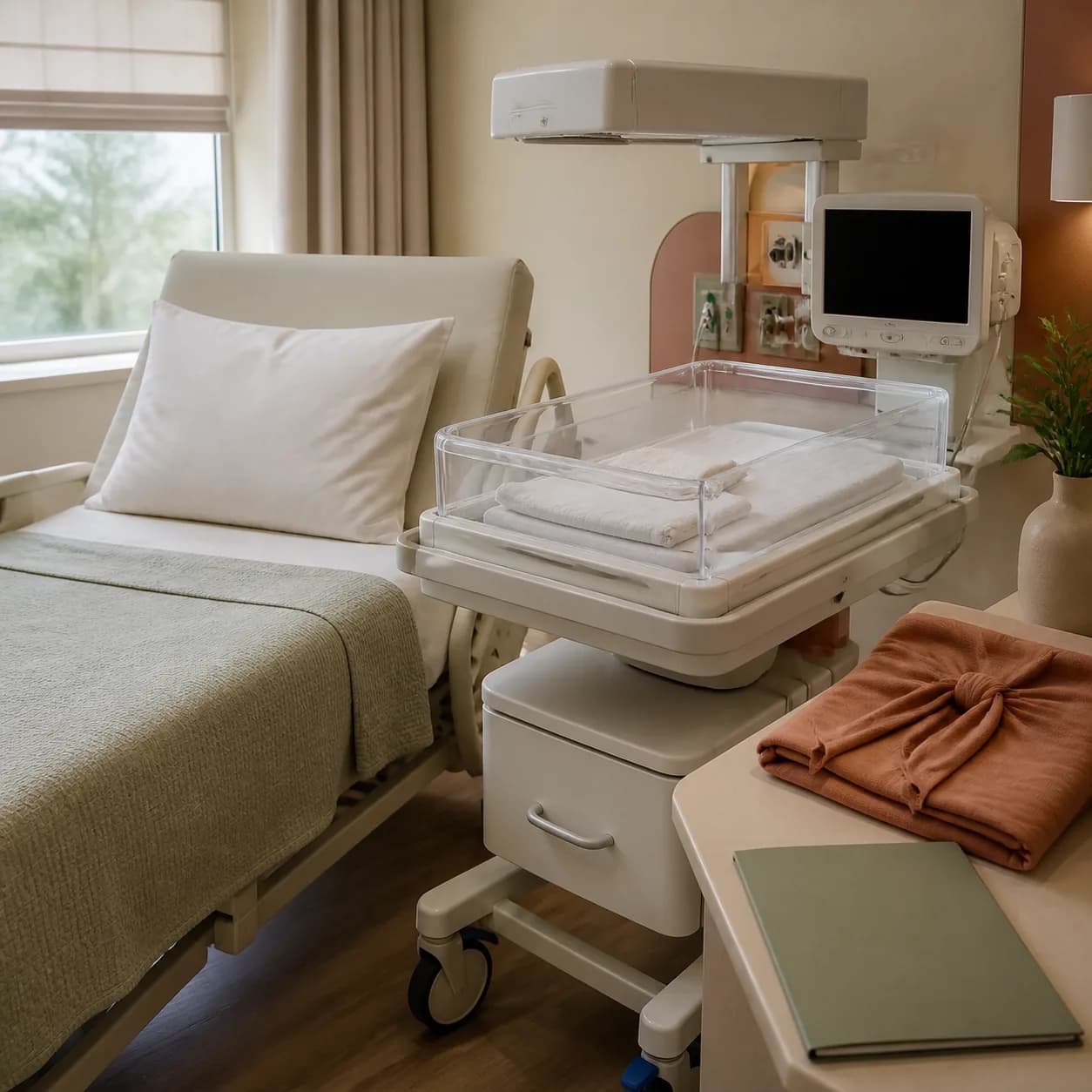Photorealistic editorial image of an empty mother-newborn care unit with an adult hospital bed directly beside an unoccupied neonatal bassinet, a dark generic monitor, a folded terracotta skin-to-skin wrap, and a blank research folder; no people, infant, branding, or readable text are shown.