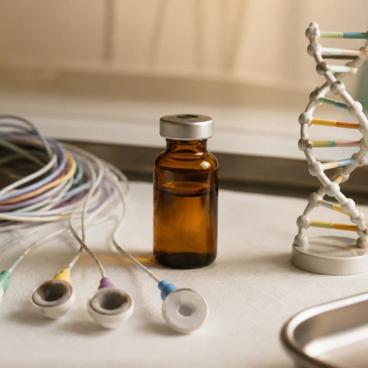 Photorealistic editorial image of unbranded neonatal EEG electrodes, an amber medication vial, and a physical DNA model arranged on a clinical work surface.