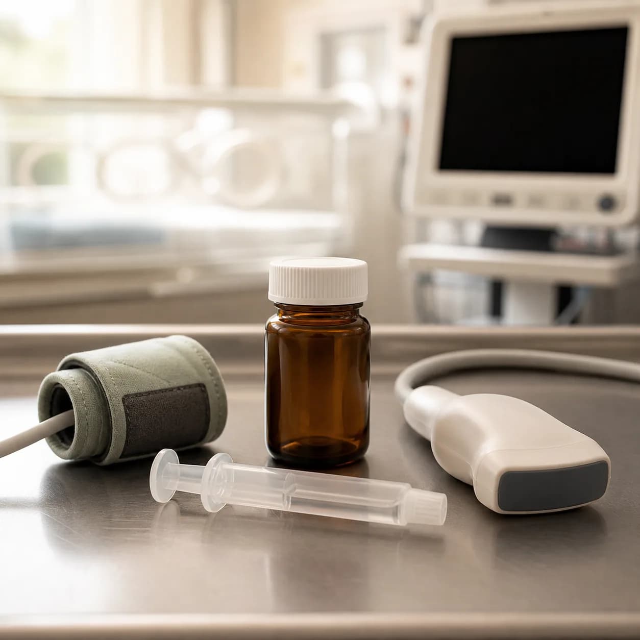 Photorealistic editorial image of an unbranded neonatal enteral medication setup beside blood-pressure and echocardiography equipment in an empty NICU bay.
