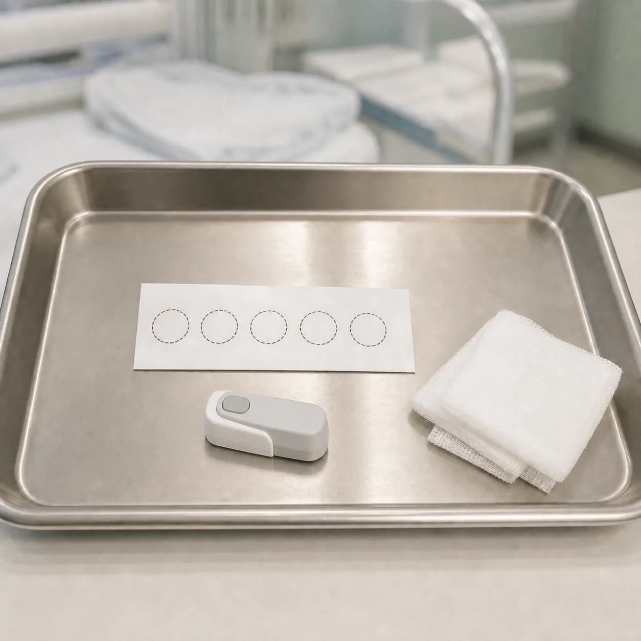 Photorealistic editorial image of an unbranded newborn dried-blood-spot filter-paper card, a retractable heel lancet, and sterile gauze on a clean clinical collection tray; no infant or person is shown.