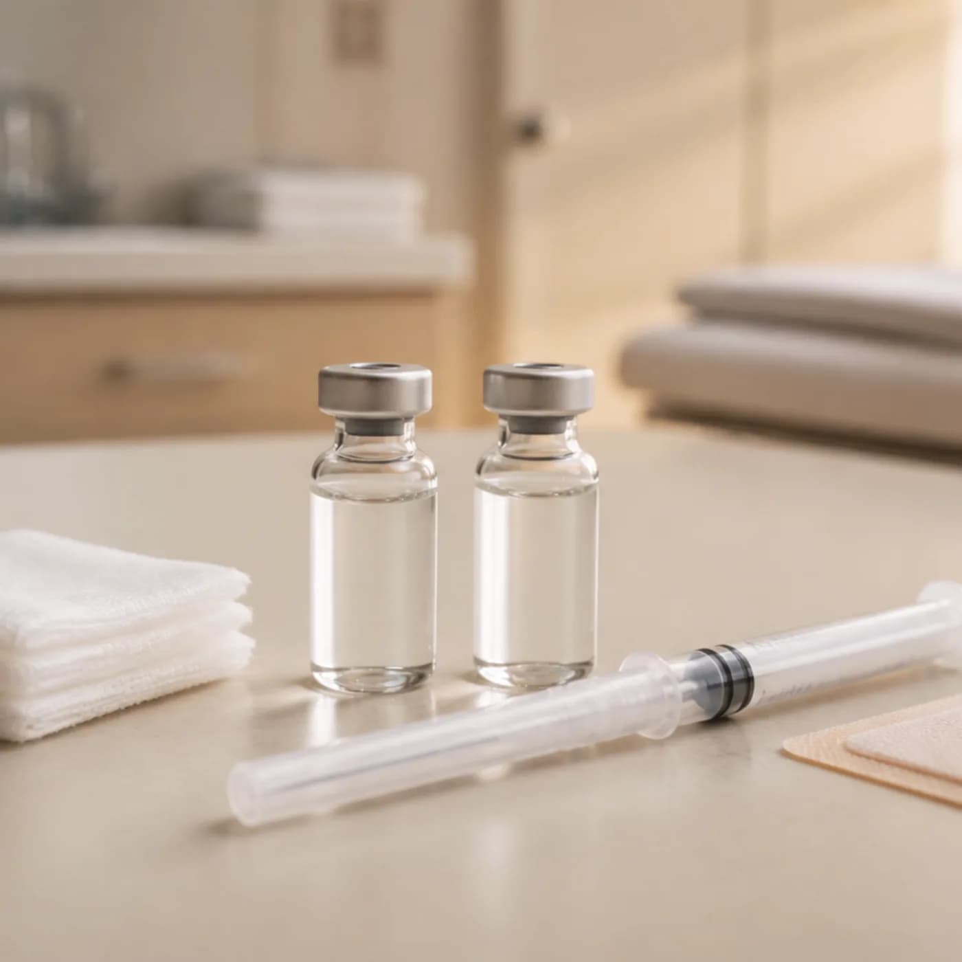 Photorealistic editorial image of two unbranded vaccine vials beside a capped fine syringe, sterile gauze, and a small dressing on a neonatal clinical preparation surface.