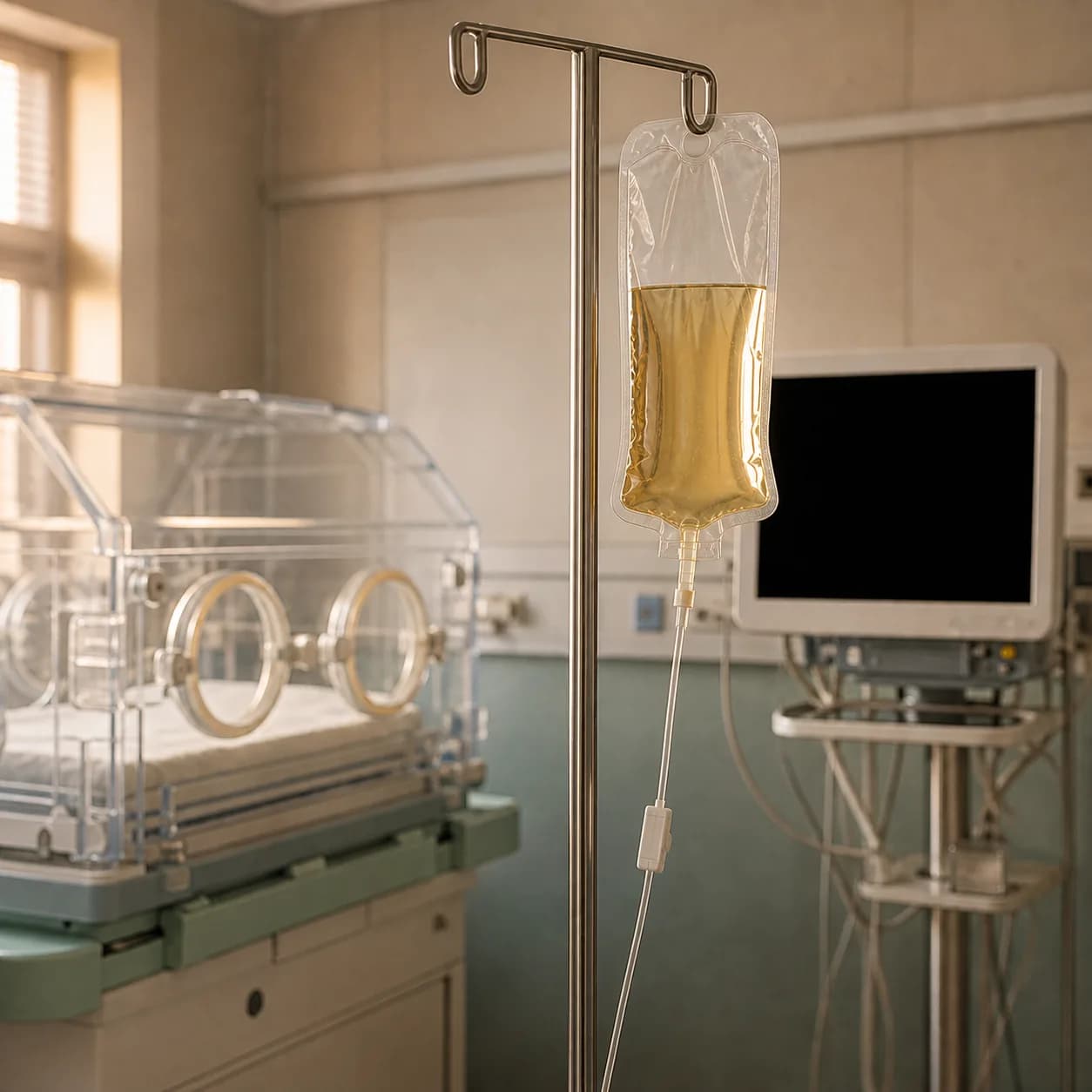 Photorealistic editorial image of an unbranded neonatal parenteral nutrition bag and clear infusion tubing beside a blank monitor in an empty NICU bay.
