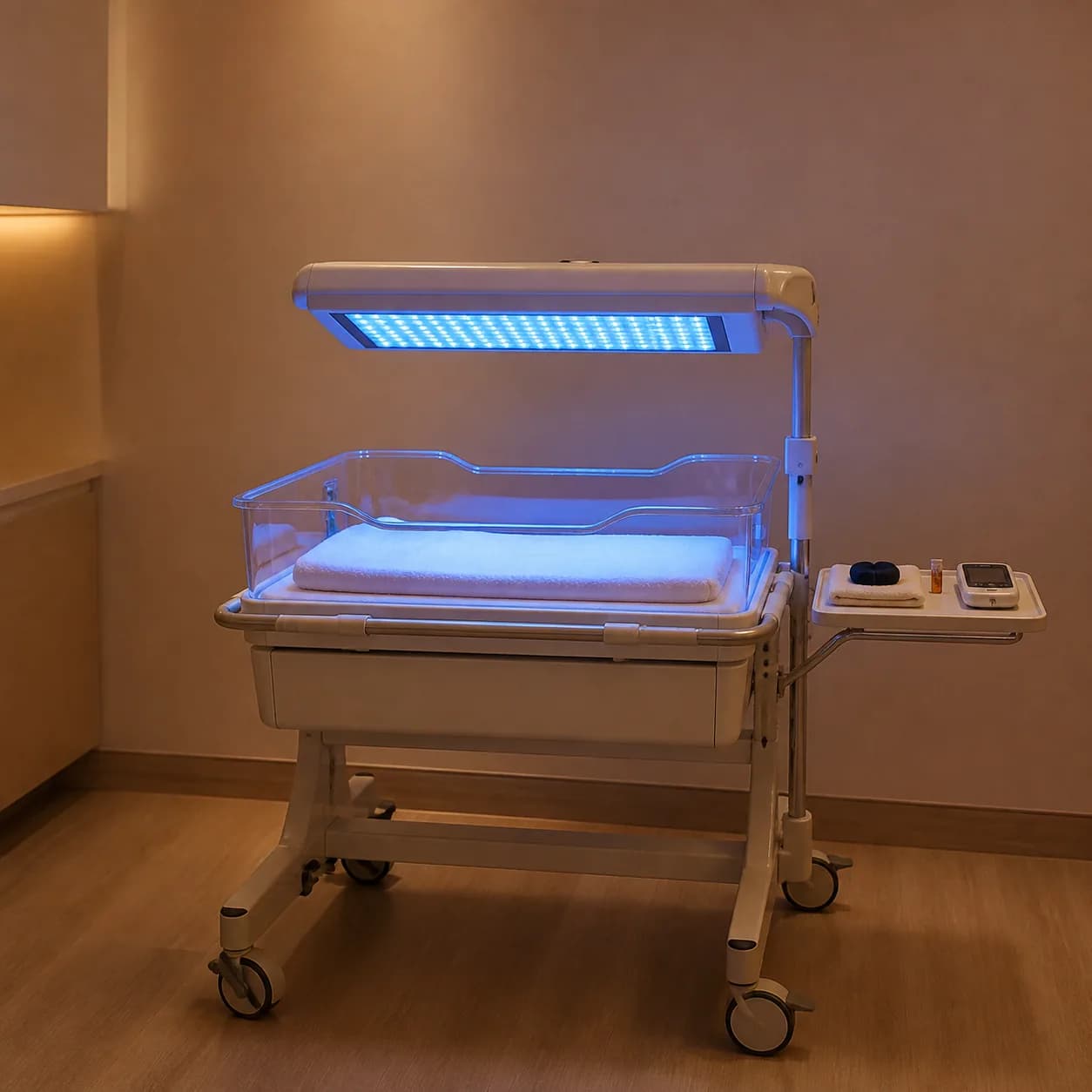 Photorealistic editorial image of an empty newborn bassinet under an unbranded blue LED phototherapy lamp, with an eye shield, specimen tube, and irradiance meter on a side tray.