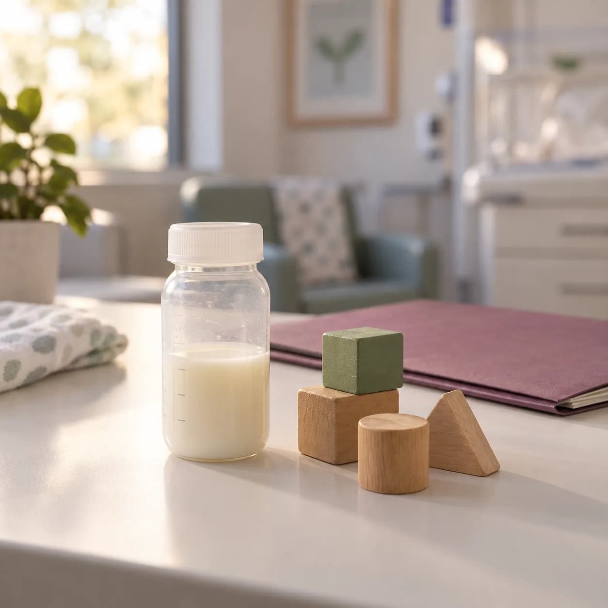 Photorealistic editorial image of a generic unbranded milk-collection bottle and wooden cognitive-testing blocks on a clinical research desk; no infant or person is shown.