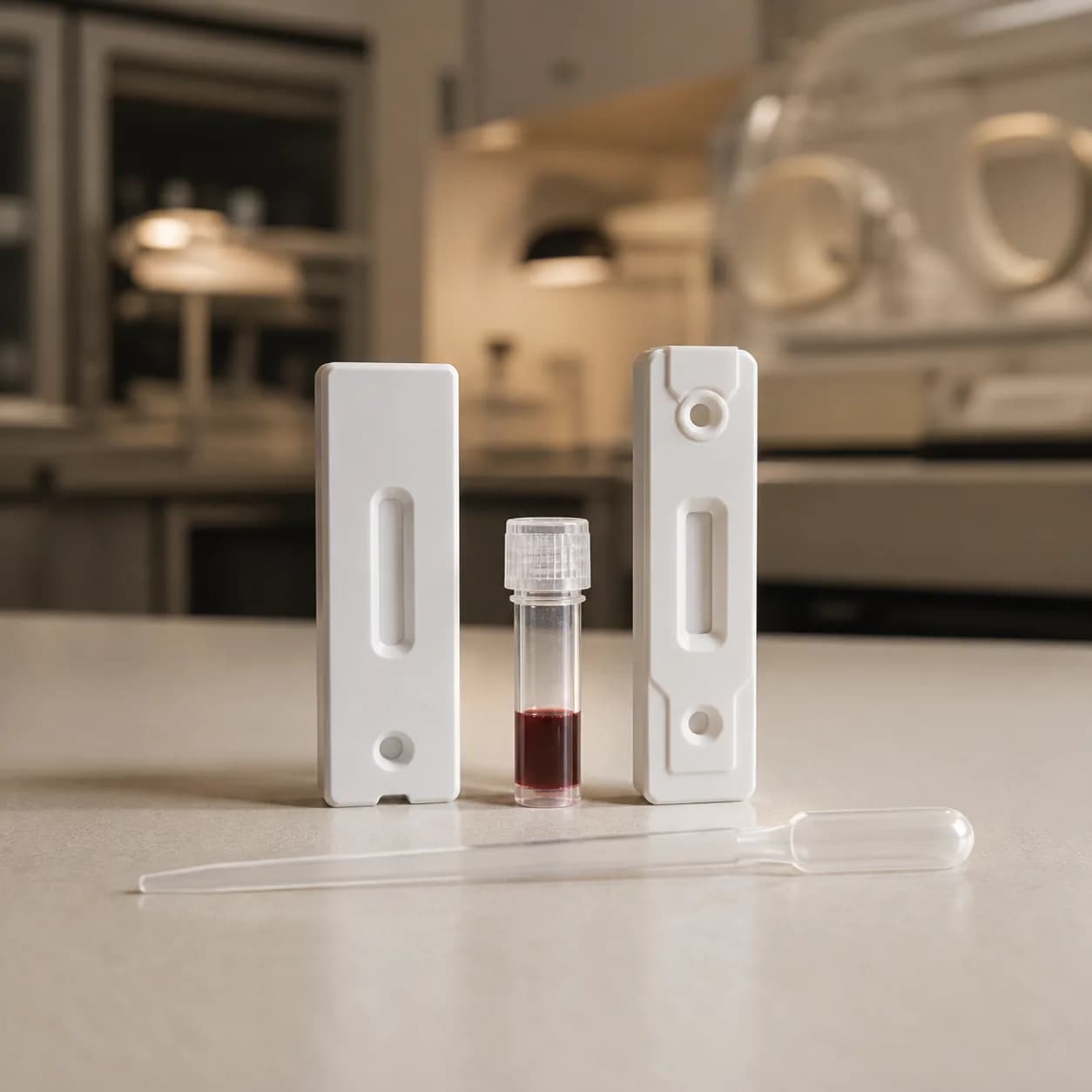 Photorealistic editorial image of an unbranded neonatal micro-sample tube and two blank laboratory assay cartridges on a warm clinical laboratory bench, representing biomarker testing for suspected neonatal sepsis.