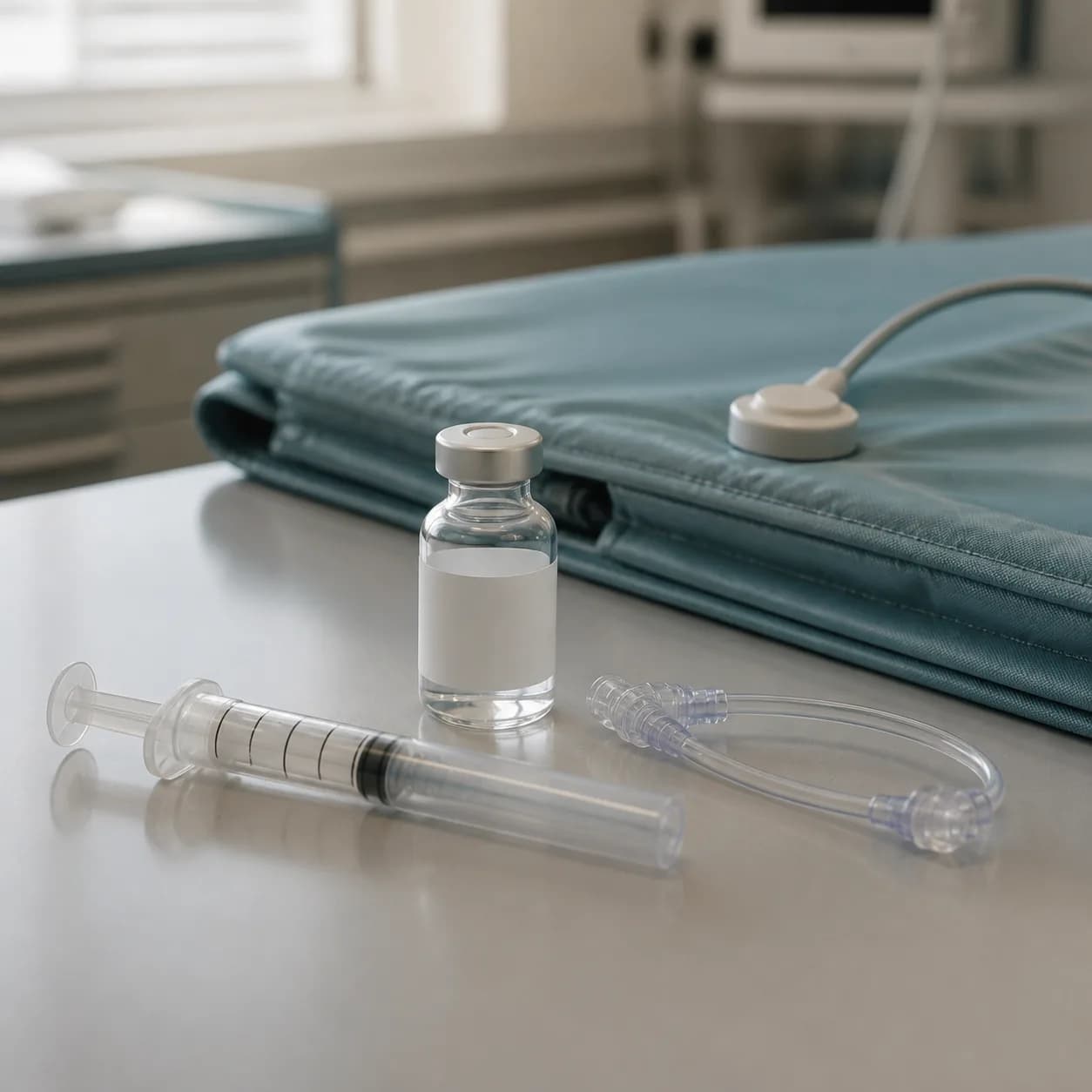 Photorealistic editorial image of an unbranded medication vial, capped neonatal syringe, microbore IV extension, and cooling mattress with temperature probe in a NICU research setting.