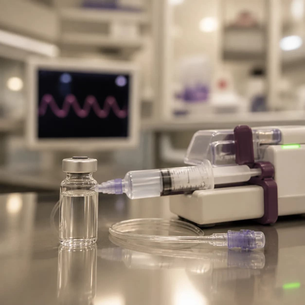 Photorealistic editorial image of an unbranded neonatal infusion syringe, clear medication vial, and pressure-monitoring setup arranged as a clinical still life, with no infant or person shown.