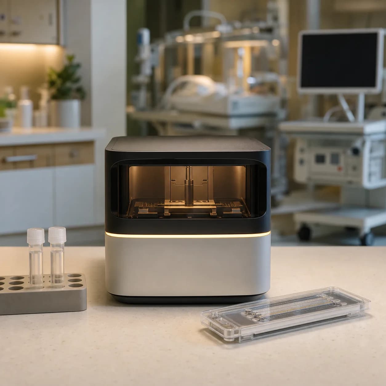 Photorealistic editorial image of an unbranded genome-sequencing cartridge and sample tubes on a clinical genomics bench, with a softly blurred NICU workstation behind.