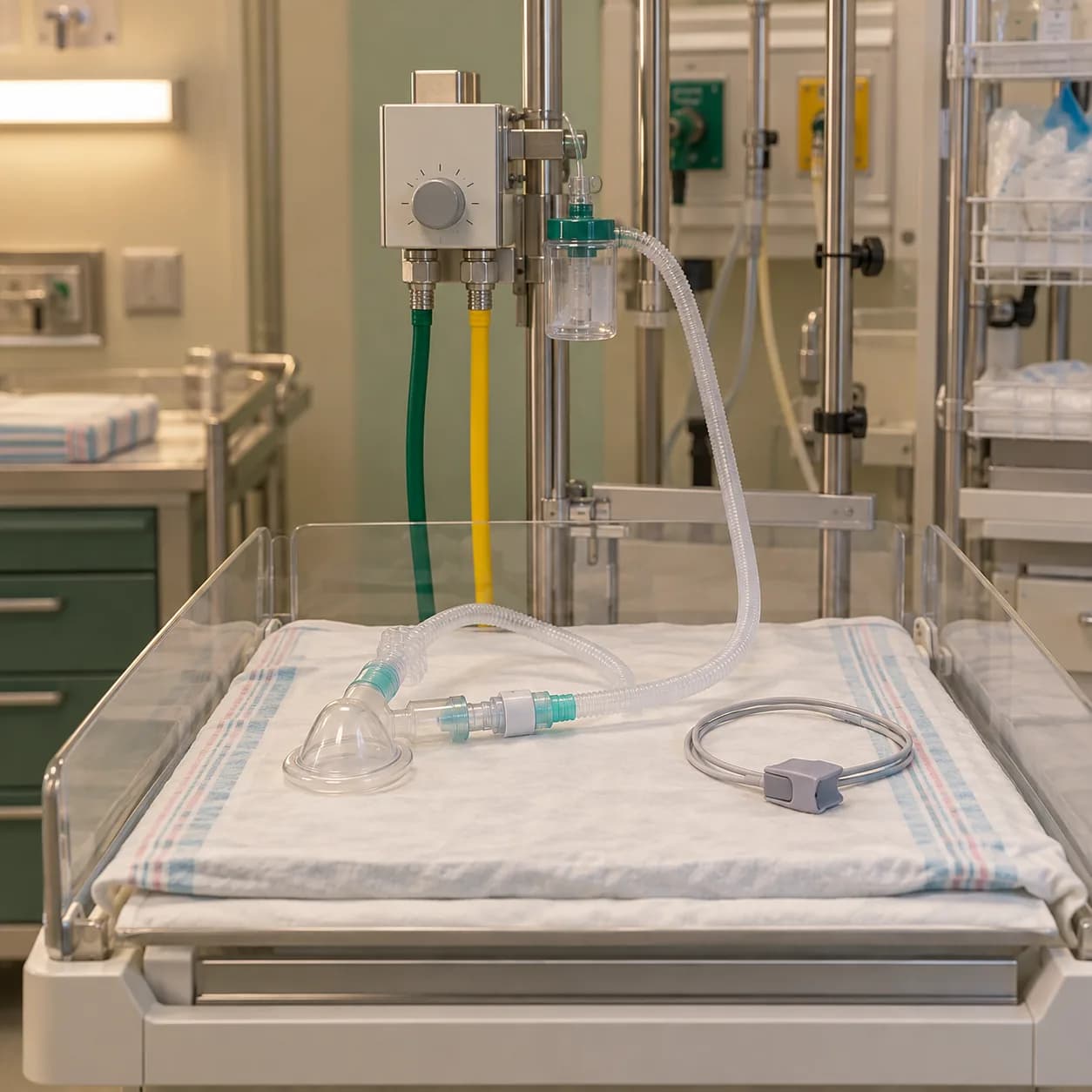 Photorealistic editorial image of a generic unbranded air-oxygen blender, neonatal face mask, respiratory tubing, and pulse-ox sensor on an empty warmer; no infant or person is shown.