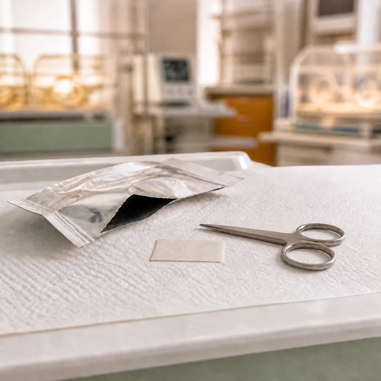 Photorealistic editorial image of an unbranded neonatal oral-dispersible medicine film beside an opened blank foil sachet and small clinical scissors on a clean NICU medication-preparation surface; no person or readable label is shown.