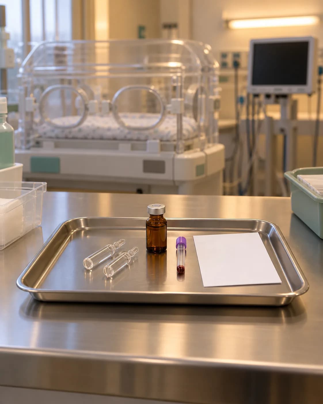 Photorealistic editorial image of an unoccupied NICU medication-preparation station with blank ampoules, an amber vial, a capped micro-sample tube, and a blank checklist on a stainless tray; no infant, person, branding, readable text, or real study equipment is shown.
