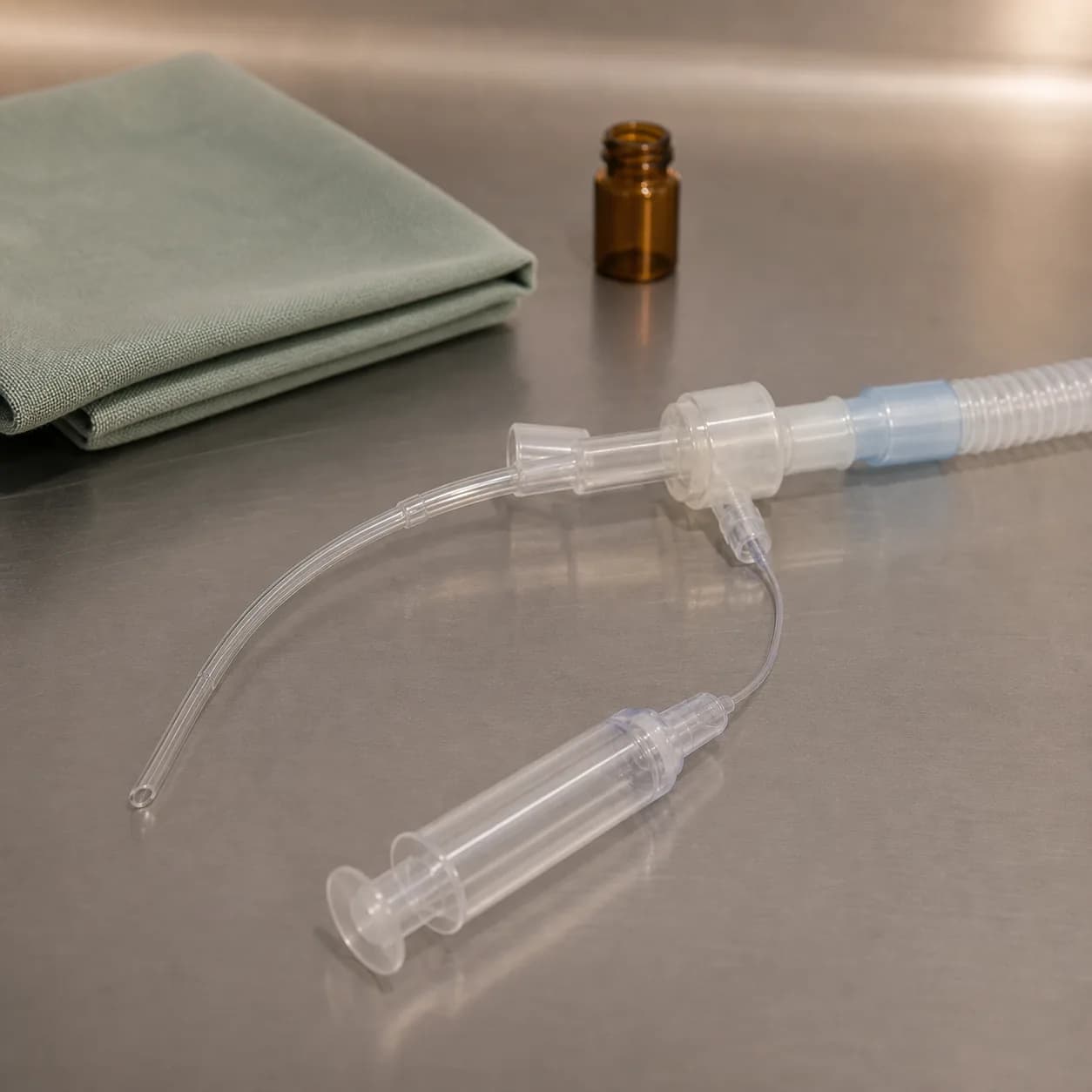 Photorealistic editorial image of an unbranded neonatal double-lumen airway tube, surfactant syringe, and T-piece arranged on a sterile NICU procedure tray; no infant is shown.