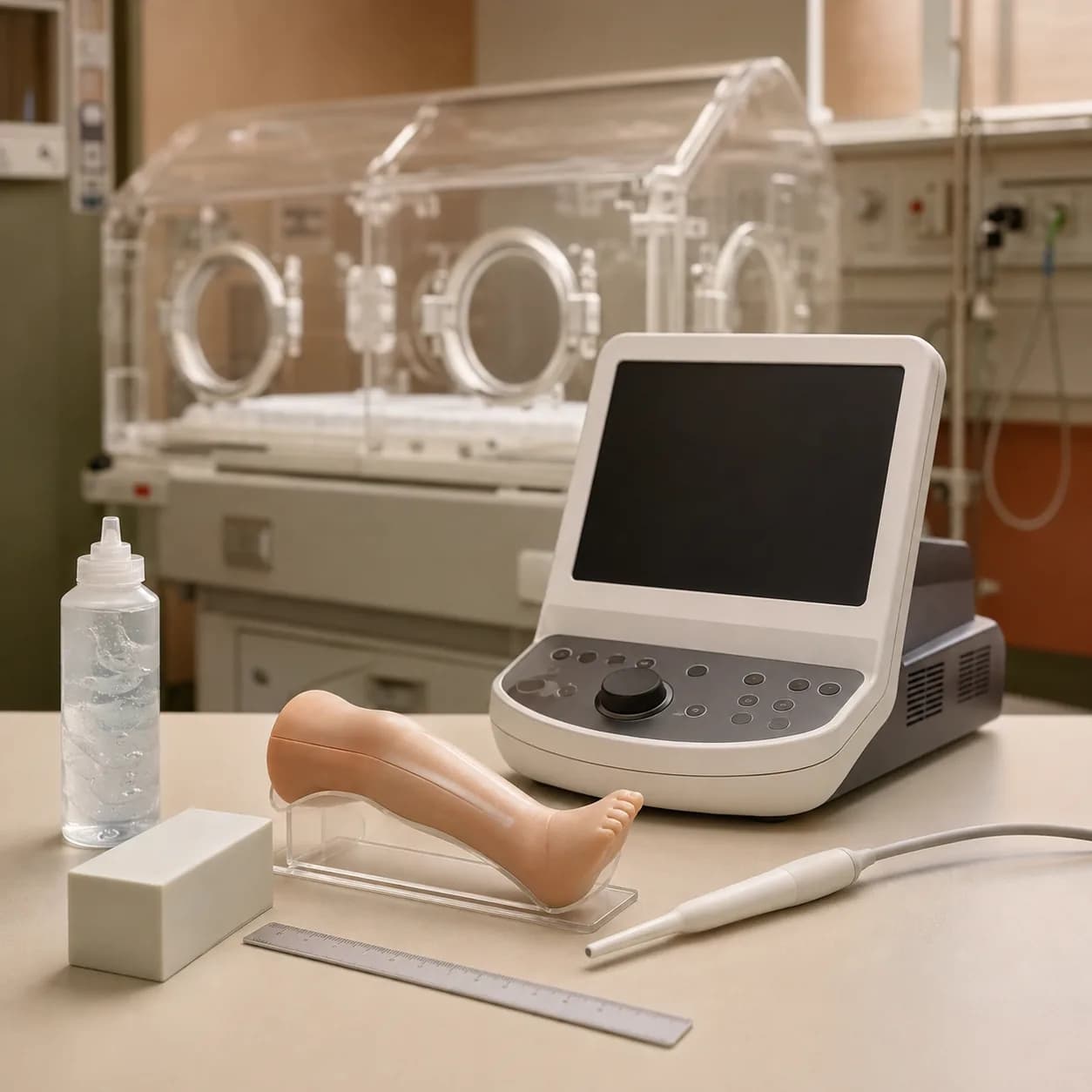 Photorealistic editorial image of an unbranded bedside ultrasound console, a slim probe, and a neonatal lower-leg training phantom in an empty NICU setting.
