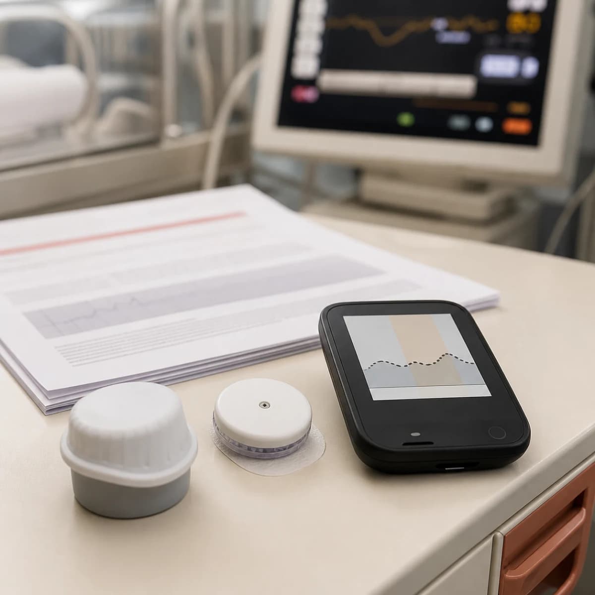 Photorealistic editorial image of non-branded continuous glucose-monitoring equipment beside a research paper in a NICU setting.