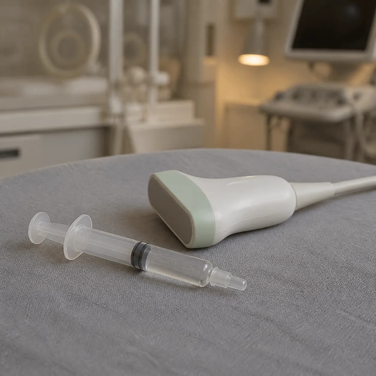 Photorealistic editorial image of an unbranded neonatal enteral syringe beside an echocardiography probe on a folded neutral drape in a softly lit NICU work area.