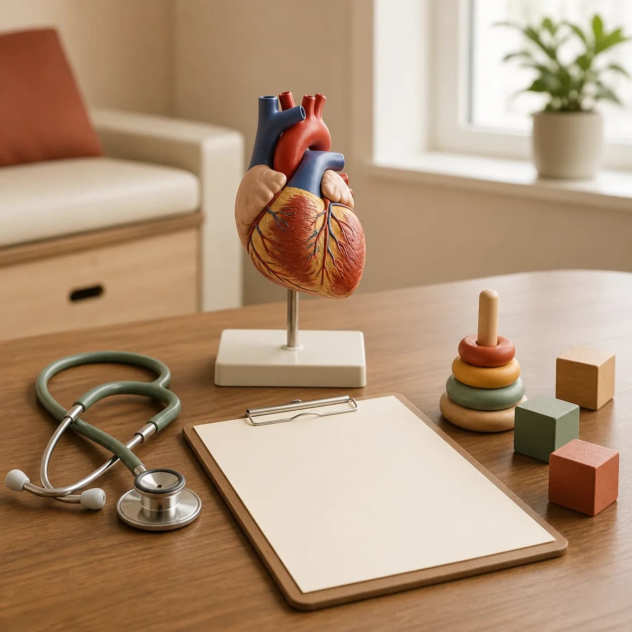 Photorealistic editorial image of a generic anatomical heart teaching model, pediatric stethoscope, blank assessment clipboard, and plain wooden developmental blocks arranged in a pediatric follow-up room; no patient is shown.
