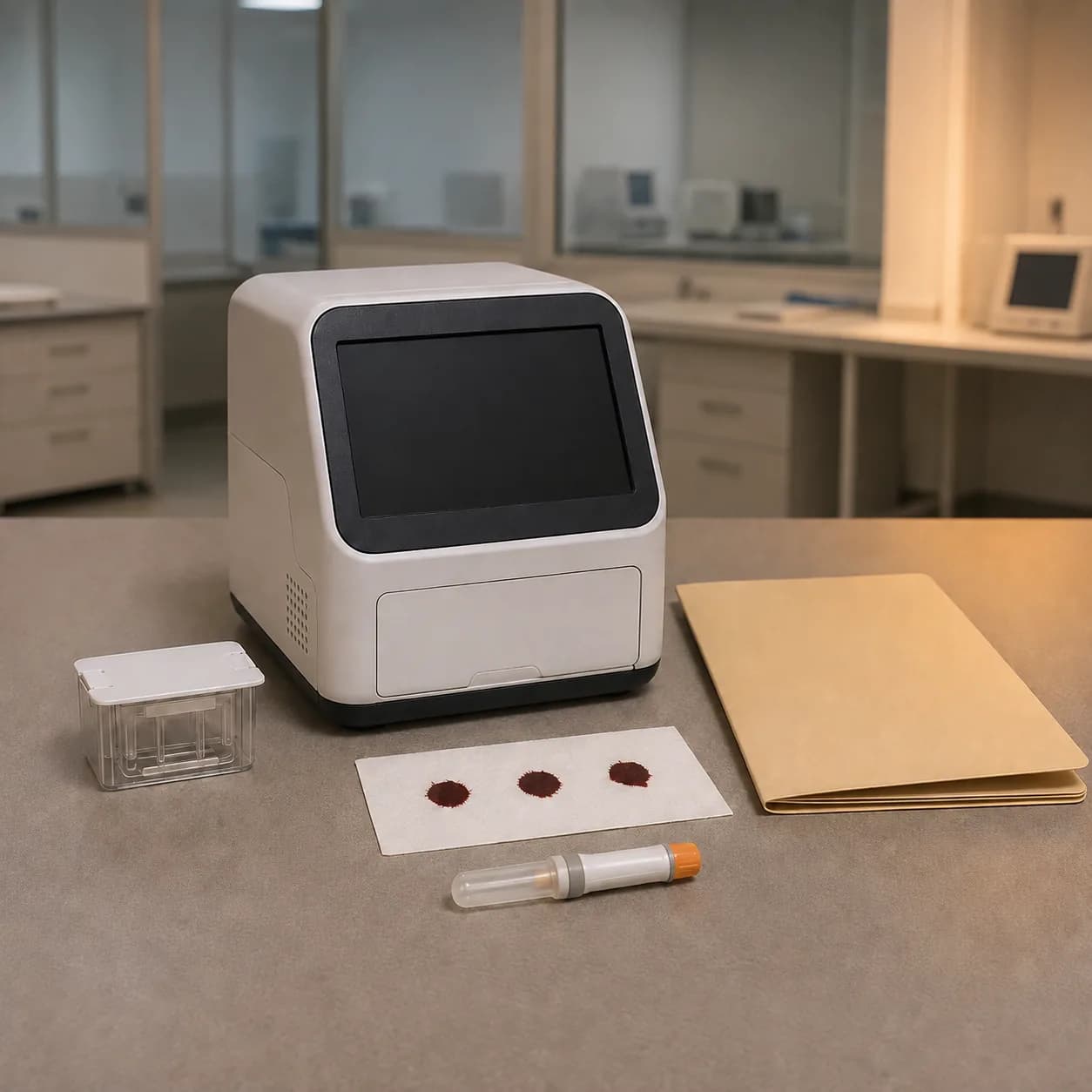 Photorealistic editorial image of a generic unbranded near-point-of-care nucleic-acid analyzer, blank assay cartridge, dried blood spots, capped heel-stick lancet, and plain research folder on an empty neonatal laboratory counter; no person or readable label is shown.