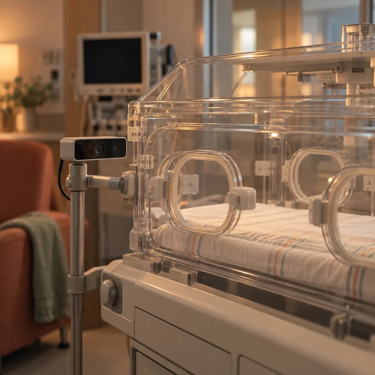 Photorealistic editorial image of an unbranded depth camera observing an empty closed neonatal incubator beside a generic blank respiratory monitor; no infant, person, clinical data, logo, or real study equipment is shown.
