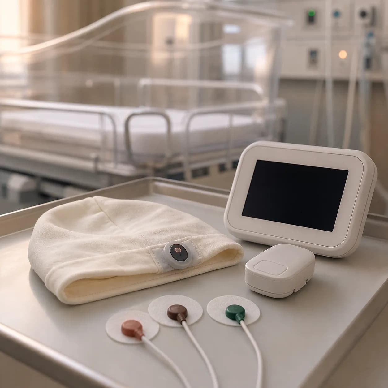 Photorealistic editorial image of an unbranded newborn thermal cap with an integrated optical sensor, a blank wireless receiver, and conventional ECG leads on a NICU equipment tray beside an empty bassinet.