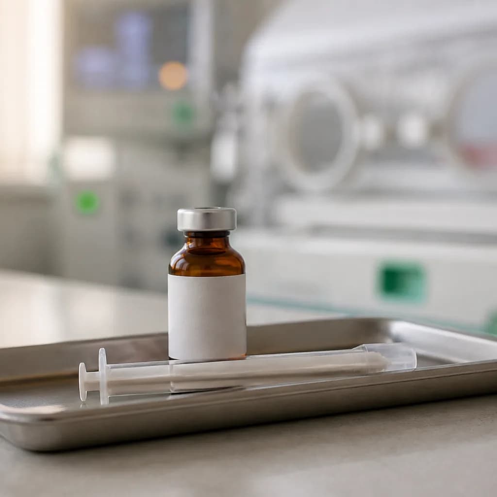 Photorealistic editorial image of an unbranded amber medication vial and a capped neonatal dosing syringe on a stainless tray, with an incubator softly blurred in the background.